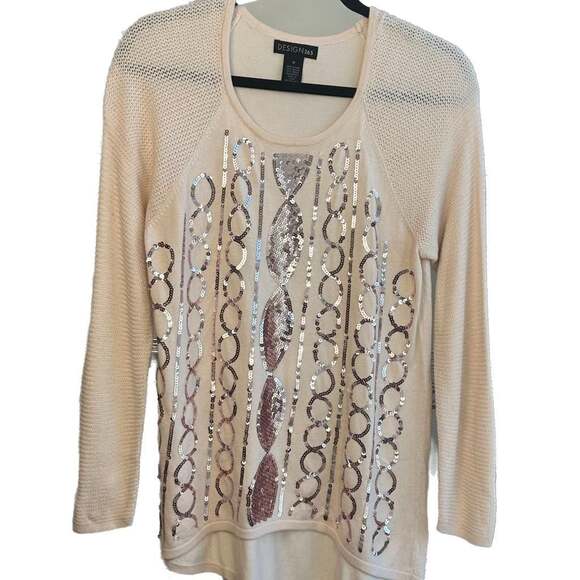 Design 365 Cream Sequin Statement Sweater Blouse - Size M - Picture 1 of 3